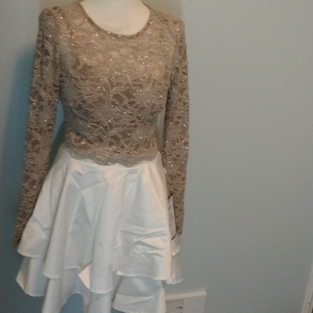 City Studio size 3 black tie white layered 2 piece dress sheer long sleeve top